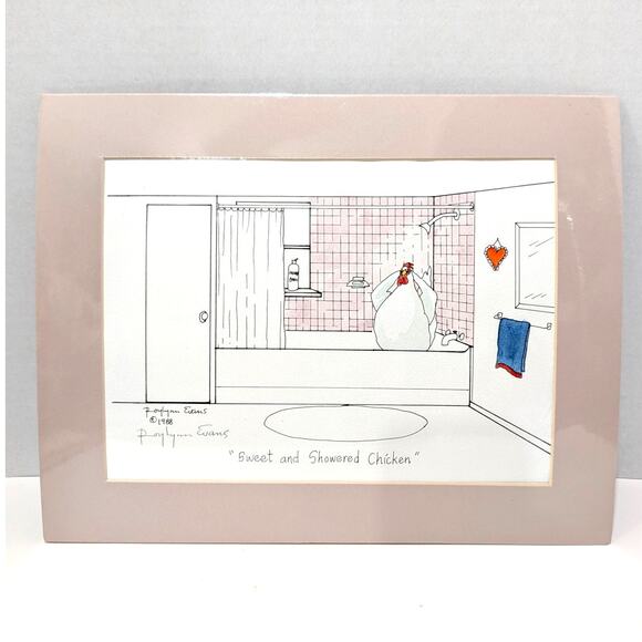 Vtg Roylynn Evans Sweet and Showered Chicken Signed Art Print 1988 Matted Sealed - Picture 1 of 10